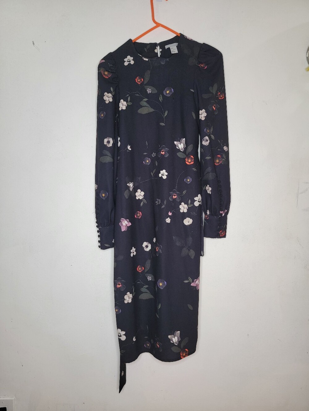 H&M Navy Floral Long-Sleeve Midi Dress